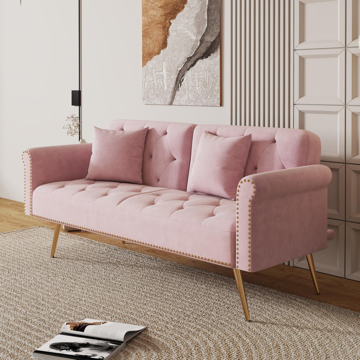 Pink Velvet Futon Sofa Bed Y6829