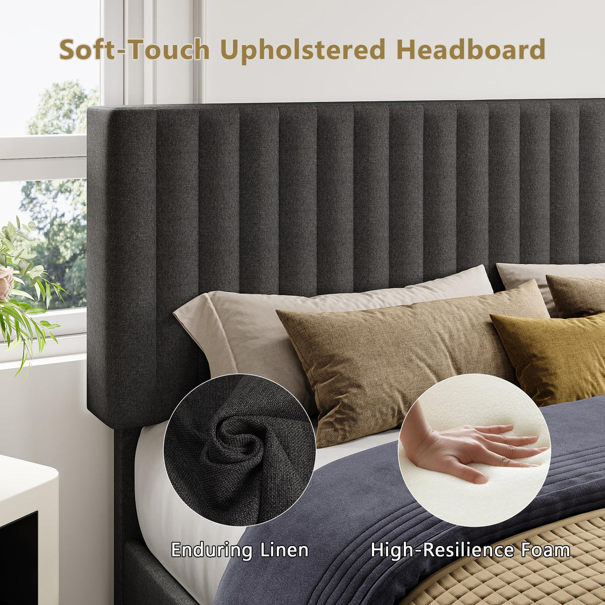 Queen Size Upholstered Platform Bed with Linen Headboard K95062