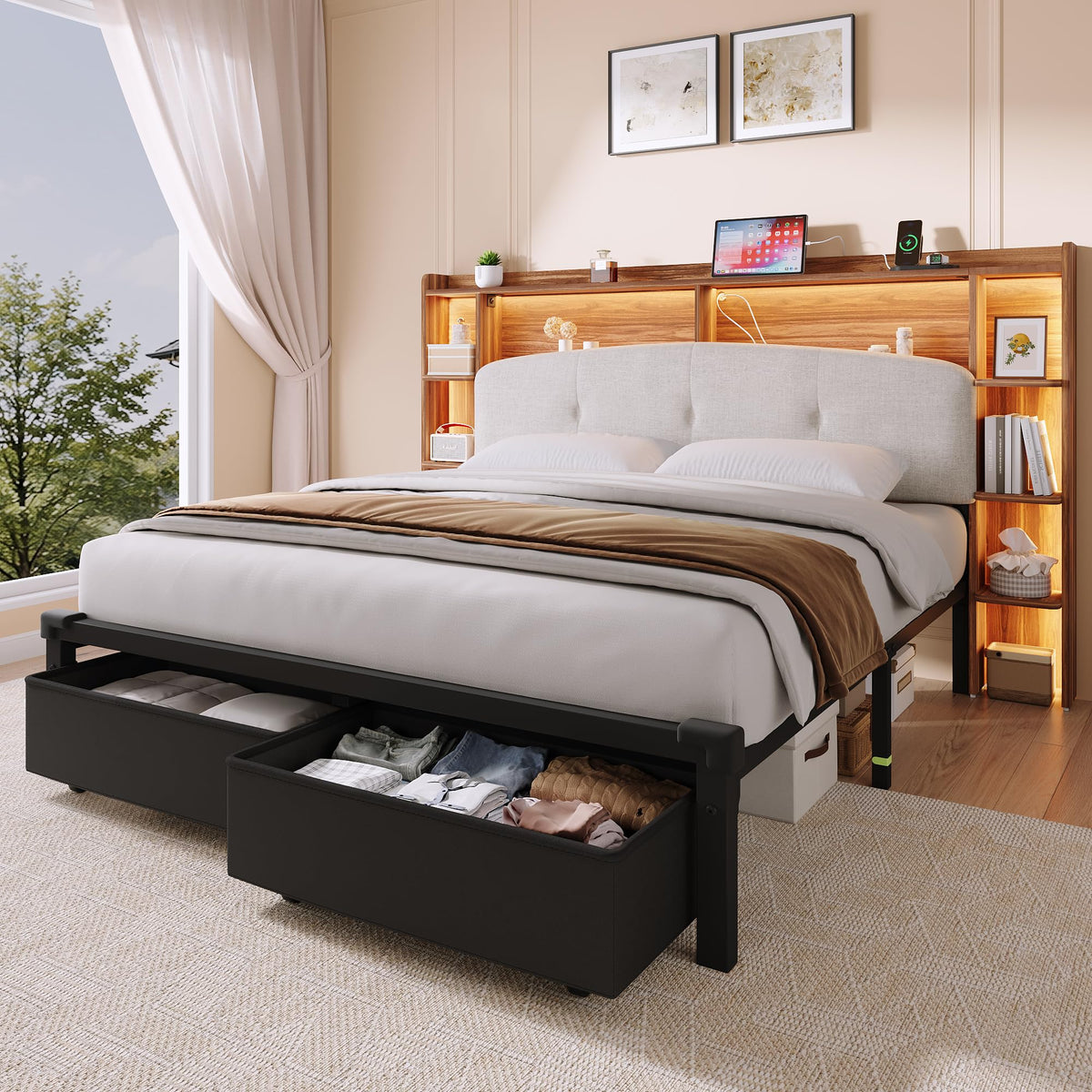 Queen Size Storage Bed Frame with Upholstered Headboard T360