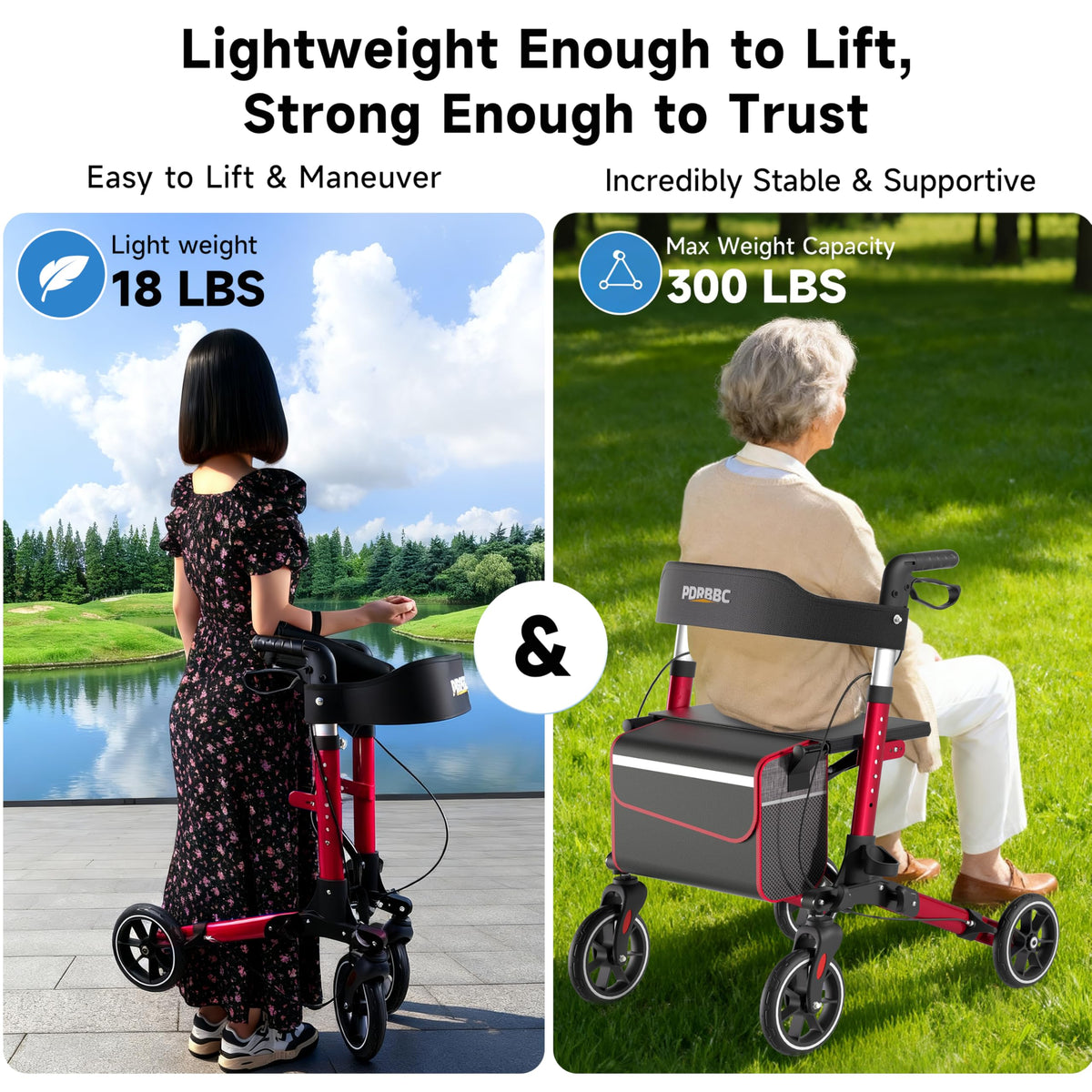Red Foldable Lightweight Aluminum Rollator Walker with Seat and Brakes W20602