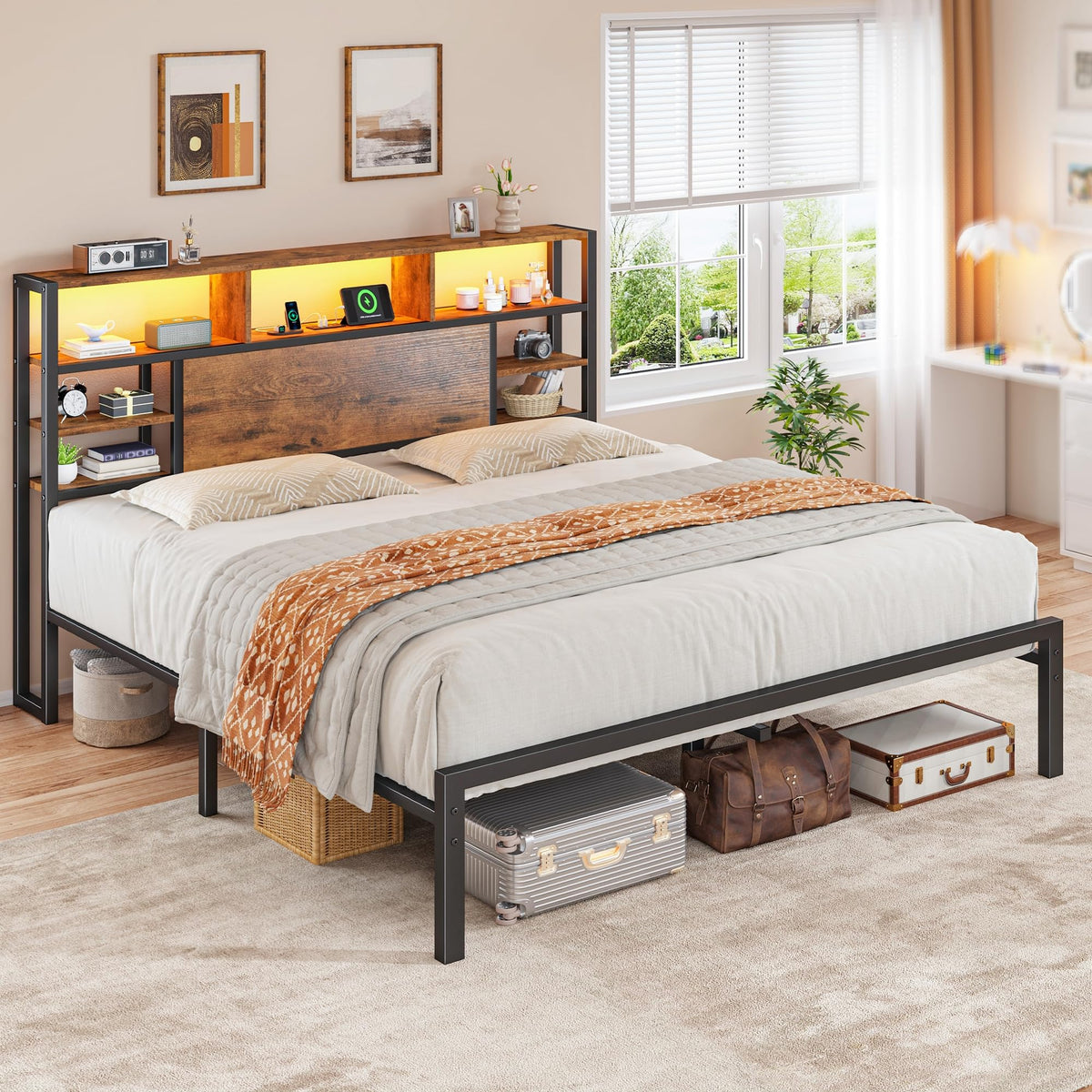 King Bed Frame with Storage Headboard and Charging Station S245527