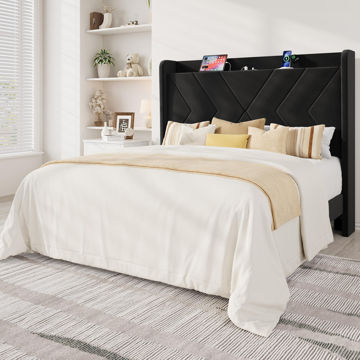 Queen Size Black Velvet Bed Frame with Charging and Shelf F1057