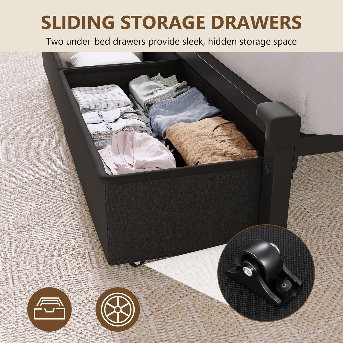Queen Size Storage Bed Frame with Upholstered Headboard T360