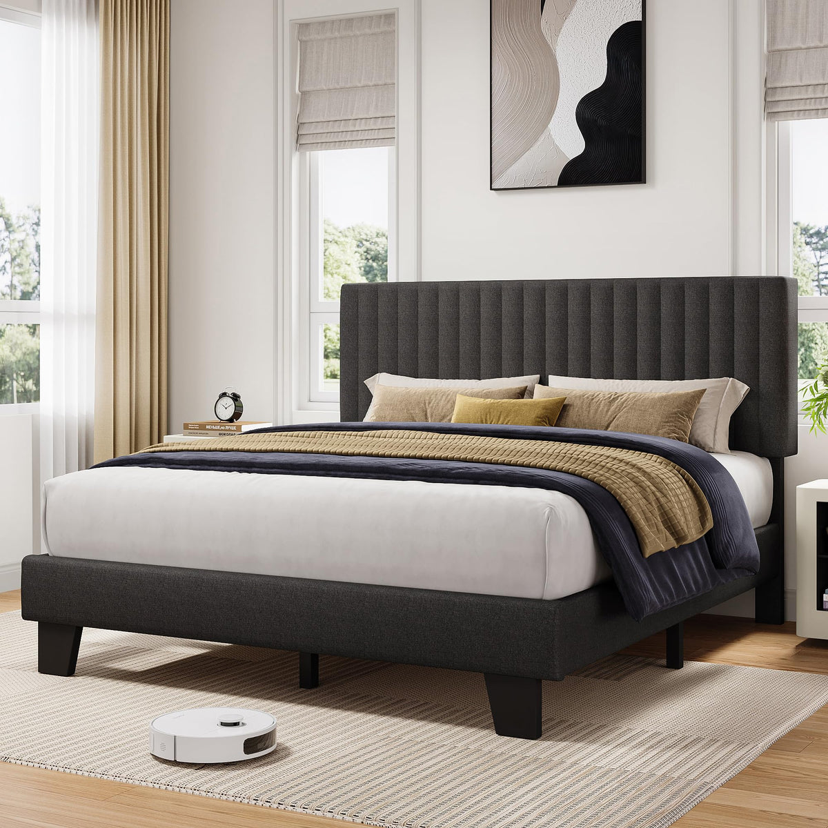 Queen Size Upholstered Platform Bed with Linen Headboard K95062