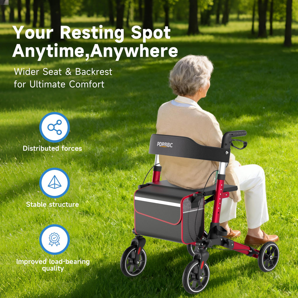 Red Foldable Lightweight Aluminum Rollator Walker with Seat and Brakes W20602