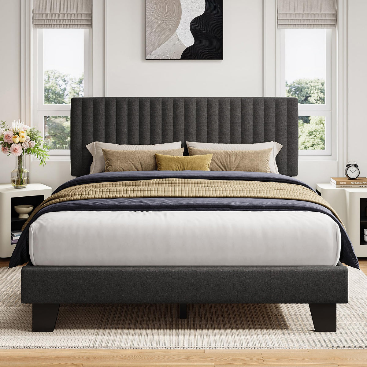 Queen Size Upholstered Platform Bed with Linen Headboard K95062