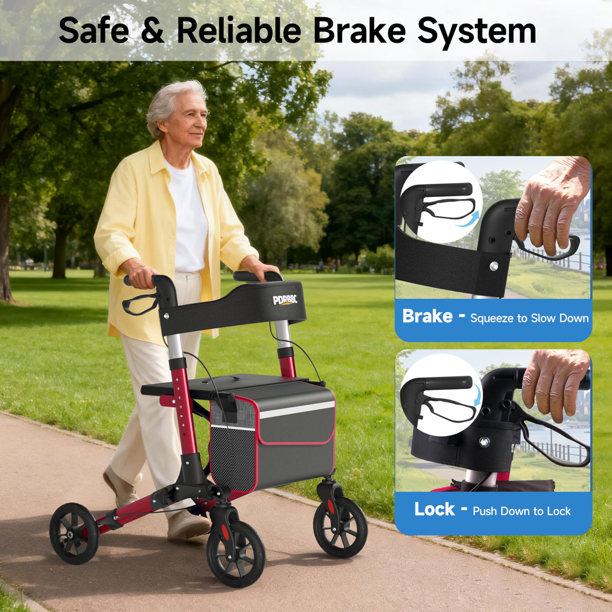 Red Foldable Lightweight Aluminum Rollator Walker with Seat and Brakes W20602