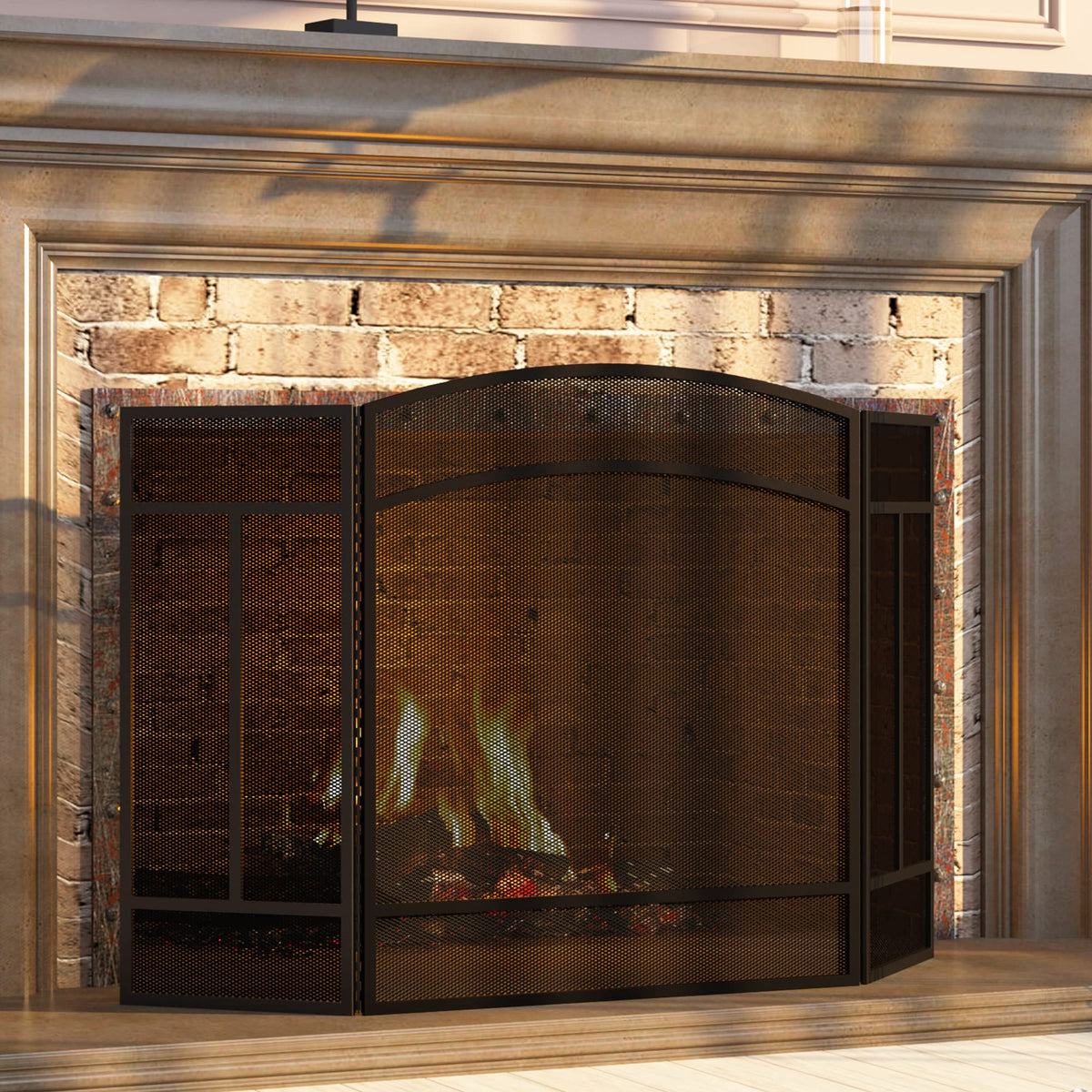 Black 3 Panel Wrought Iron Fireplace Screen T49739